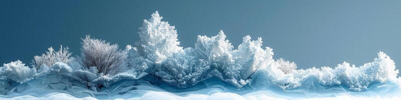 A row of snow covered trees standing against a clear blue sky photo