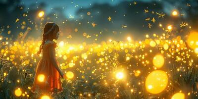 A young lady in a bright red dress standing in a field of fireflies photo