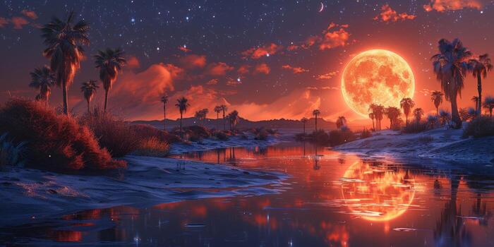 Pixel art of full moon rising over river with palm trees photo