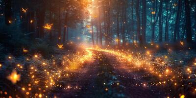 Tranquil forest path with fluttering fireflies in peaceful setting photo