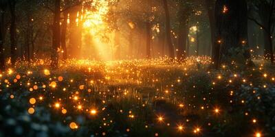 The sunlit forest is alive with fireflies twinkling in the night photo