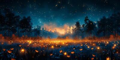 A field of fireflies in the night sky with trees in the background photo
