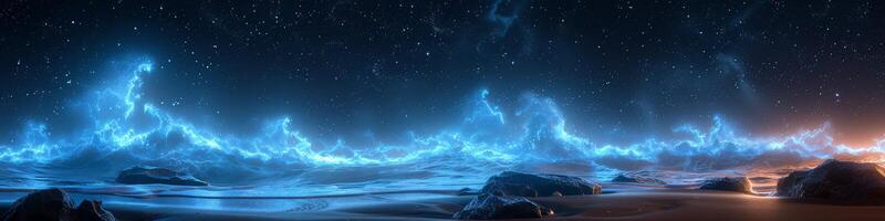 Night sky full of stars, wave rolling towards shore in the scene photo