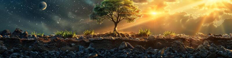 At sunset, a tree is growing from the ground, surrounded by grass photo