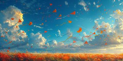 Kites soar above blooming field in scenic painting photo