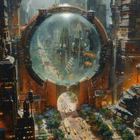 Futuristic city painting with a glass ball at center photo