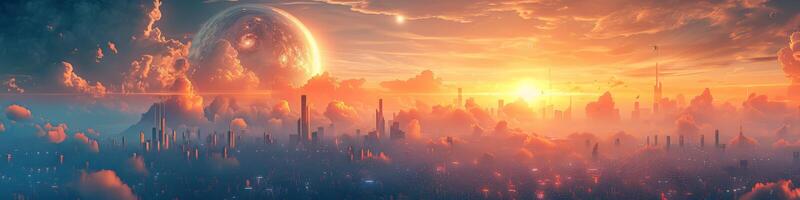 Futuristic city with a large planet in the sky, skyscrapers during sunset photo