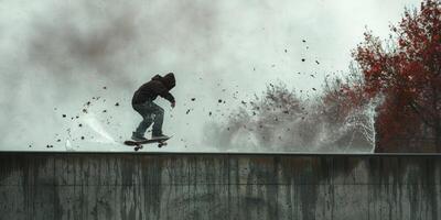 A skateboarder riding on a ramp showing skills and balance photo