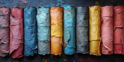 A row of colorful paper rolls is neatly arranged in a line photo