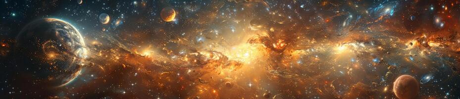 A painting depicting a galaxy with various planets and stars in the sky photo