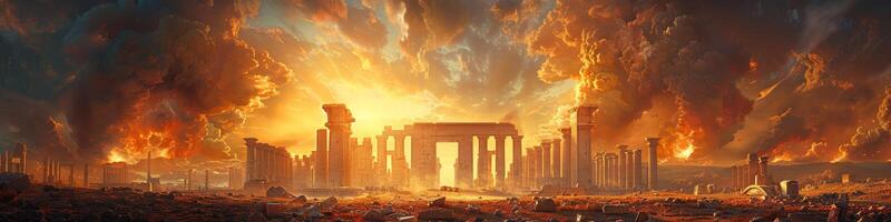 An apocalyptic city sunset over ancient ruins, fiery skies, destruction and chaos photo