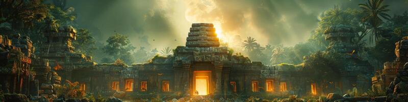 A temple in a forest with sunlight filtering through trees photo