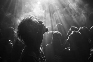 A monochrome photo showing a group of people gazing upwards