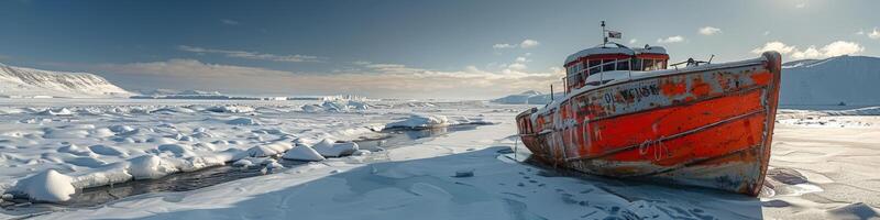 A red boat in snowcovered river, creating picturesque winter scene photo