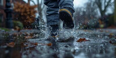 Person jumps into a puddle in rain boots, keywords water, nature, road surface photo