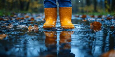 Person in yellow rain boots jumps into a big water puddle happily photo