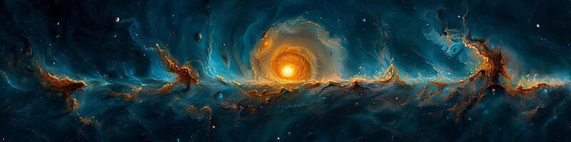 The scene resembles a painting depicting a galaxy in the vast expanse of space photo