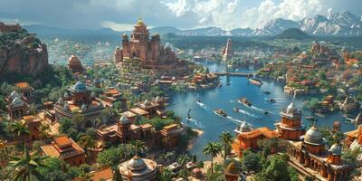 A city surrounded by water, mountains, and natural landscape under the sky photo