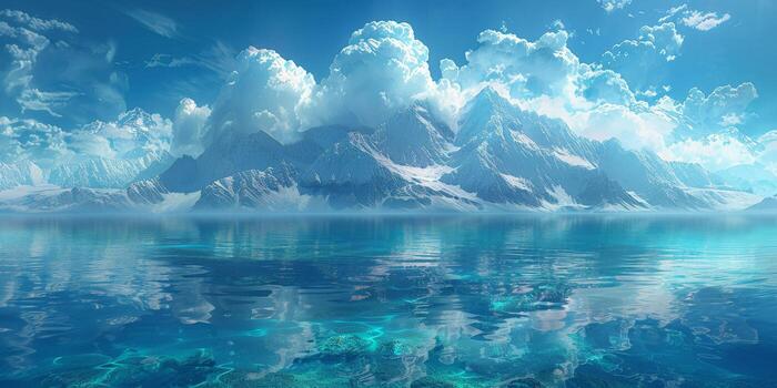 A pixel art depicting a lake surrounded by mountains in the backdrop photo