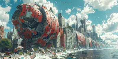 Postapocalyptic cityscape with ruined structures among ocean waves in a dystopian future photo