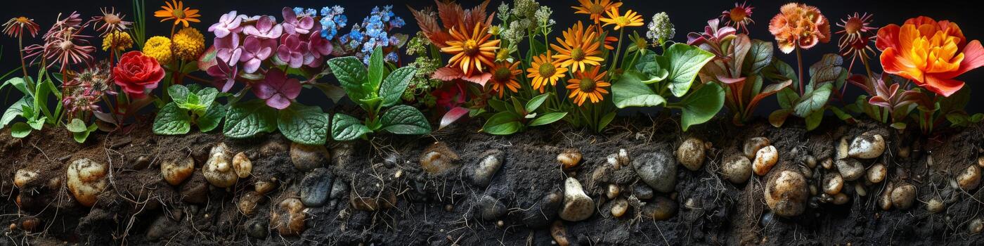 un hermosa monitor de varios flores es floreciente en el suelo foto