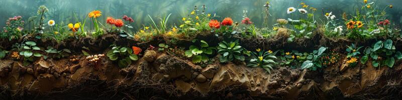 A variety of flowers are flourishing from the soil in the natural landscape photo