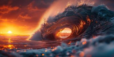 A large, beautiful wave is crashing in the ocean during a picturesque sunset photo