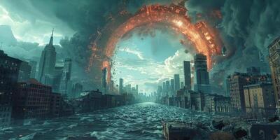 Postapocalyptic urban landscape with dramatic sky portal, flooded ruins, chaotic destruction photo