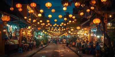 Busy street with lanterns hanging from trees at night photo