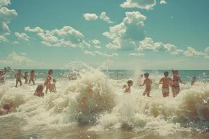 A scene of people enjoying themselves in the sea waves on a sandy beach photo