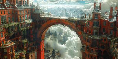 un píxel Arte de un puente terminado un ciudad envuelto en nubes foto