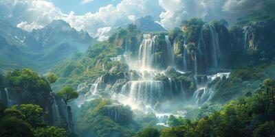 Beautiful waterfall surrounded by trees with majestic mountains in the backdrop photo