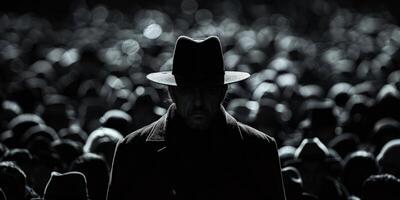 Man in hat in front of large audience, people around photo