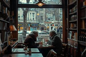 In a cafe, two senior individuals are seated near a table, conversing photo
