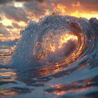The ocean wave is crashing as the sun sets on the horizon photo