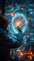 A woman uses a pen to write on a modern screen with a futuristic design photo