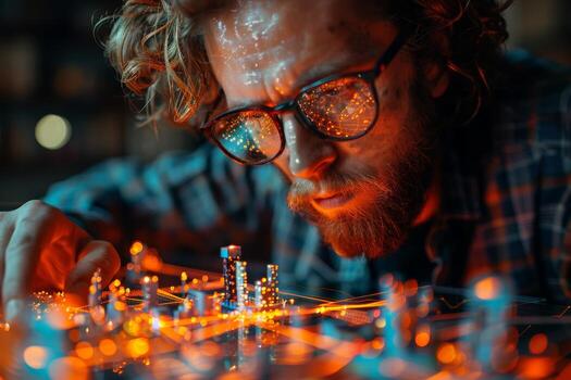 A man with glasses is focused on a circuit board, possibly working photo