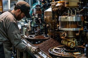 A man wearing a hat is busy working on a machine at an industrial factory photo