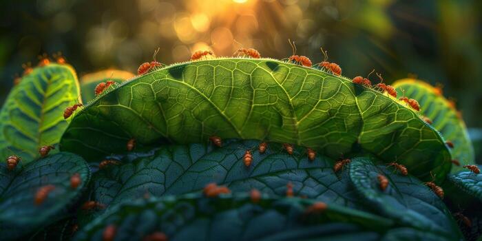 un racimo de hormigas Moviente a través de el superficie de un verde follaje foto