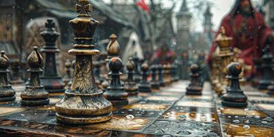 The image shows a chess board with pieces, set outdoors, in the rain photo