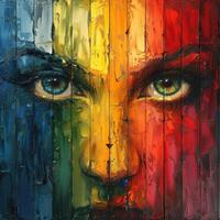 A vibrant portrait of a womans face adorning a wooden surface photo