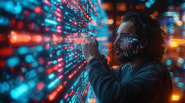 A man with a beard is concentrating on a hightech display photo
