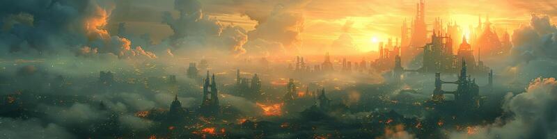 City in the clouds at sunset, with castle in distance photo