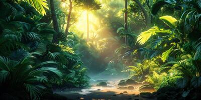Sun rays illuminate green jungle, creating dazzling landscape photo