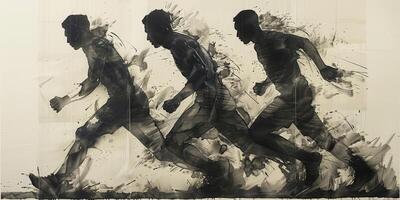 A black and white painting depicting three men running photo