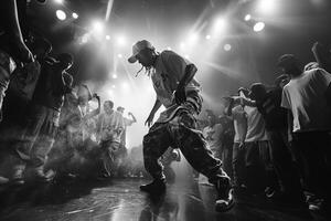 People dancing in black and white photo at concert, with music artist on stage