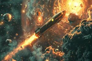A rocket is soaring through the clouds in outer space photo