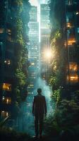 A man is standing in the city center, enclosed by lush trees photo