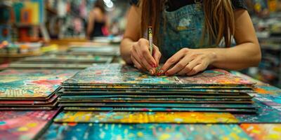A woman is engaged in solving a puzzle at a table photo