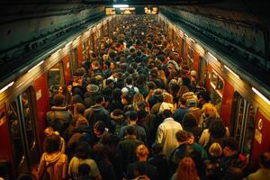 A group of individuals entering a train marked with the letter a photo